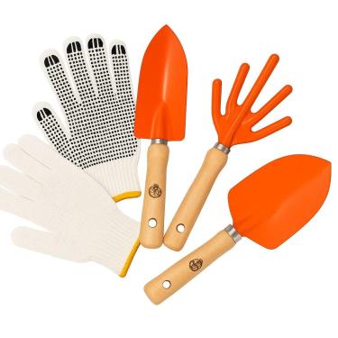 Imagem de Kit Jardinagem 4 Peças, Luva Antiderrapante, Garfo Cultivador, Pá de Bico e Pá Reta, Cabo Madeira, Vaso, Jardim, Plantas Domésticas