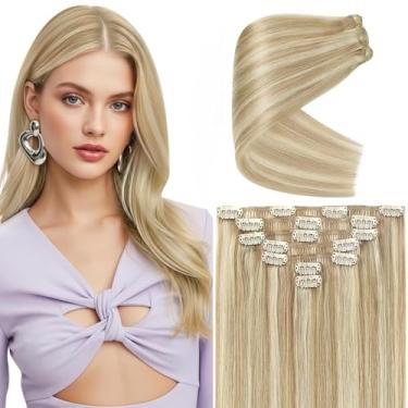 Imagem de Ve Sunny Extensões de cabelo humano com clipe loiro em extensões destacam loiro caramelo com extensões de cabelo loiro platinado real clipe em cabelo humano qualquer ocasião 120 g 61 cm