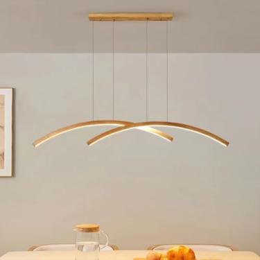 Imagem de Luminária de LED para Sala de Jantar, Luminária Pendente de Madeira com Regulável, Luminária Moderna e Simples de Teto Linear para Sala de Estar, Luminária de Teto para Escritório e Cozinha