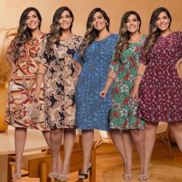 Imagem de Kit 5 Vestidos Plus Size Estampado Com Manga Morcego e Elástico na Cin