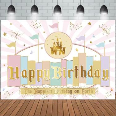 Imagem de 2,4 x 1,8 m Castelo de princesas cenário de aniversário aquarela pastel dourado glitter arco-íris fundo listrado aniversário feliz na terra decoração de mesa de bolo banner adereços de cabine de fotos