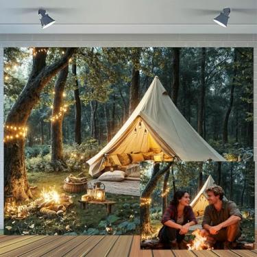 Imagem de Ptrxobj Cenário de acampamento, natureza, floresta, tenda, fogueira, fundo fotográfico, campista, decoração de festa, tema de aventura, suprimentos de festa, adereços para sessão de fotos, 19 x 1,5 m
