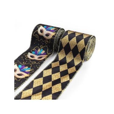 Imagem de 2 rolos de fitas de carnaval para artesanato, fita de borda com fio de carnaval com glitter preto dourado fita para artesanato máscara gorda terça-feira fitas com fio para costura de carnaval