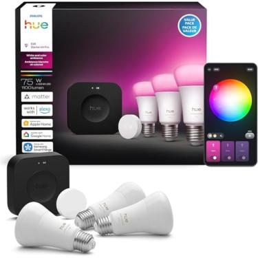 Imagem de Philips Hue Kit iniciante: Bridge Pro + 3 lâmpadas inteligentes A19 E26 + botão, ambiente branco e colorido, hub de luz inteligente, funciona com Apple Home, Alexa, Google, Samsung SmartThings