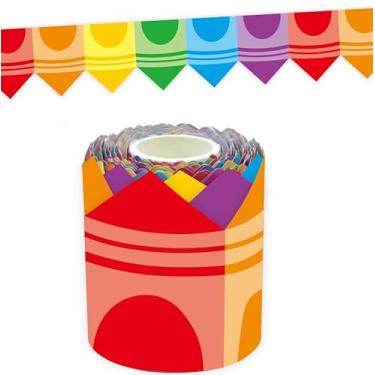 Imagem de FYSUIMU Rolo de borda de quadro de avisos de volta às aulas com giz de cera colorido cortado em matriz para decoração de parede no primeiro dia de aula, quadro-negro