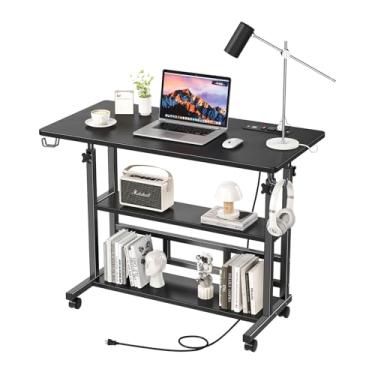 Imagem de Mesa de pé de altura ajustável, mesa de suporte com prateleiras de armazenamento, mesa pequena para computador móvel de 80 cm, mesa portátil para laptop (preto simples)