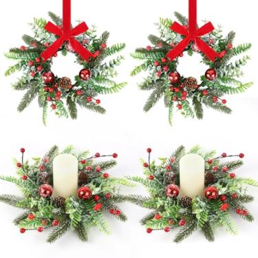 Imagem de 4 peças de anéis de vela de Natal, guirlandas artificiais, pinheiro nevado, cedro, baga vermelha, grinaldas, mini bolas de Natal, guirlandas, guirlanda para decoração de Natal, inverno, porta da
