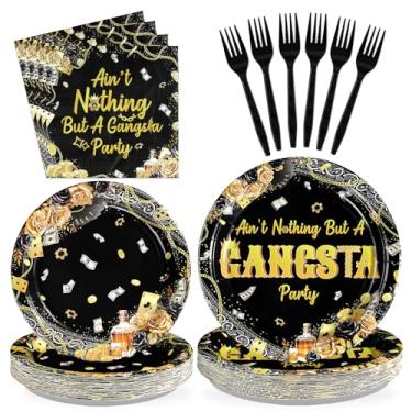 Imagem de Greencian 96Pcs Gangsta Party Supplies Aint Nothing But A Gangsta Plates and Napkins Black Gold Hip Hop Theme Disposable Paper Tableware Set for 70S 80S 90S Retro Birthday Party Decoration Serves 24
