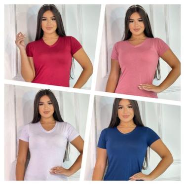 Imagem de Kit 4 Blusas Femininas Gola V Manga Curta - GK Toda Bela, Marinho, Ver