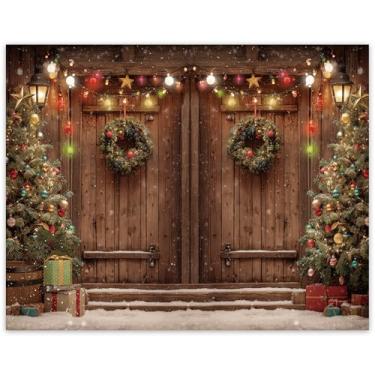 Imagem de 305 x 240 cm/10 x 8 pés Pano de fundo para fotografia de Natal, porta de madeira rústica de celeiro, cenário de árvore de Natal, imagens de fundo para ano novo, inverno, férias, festa familiar