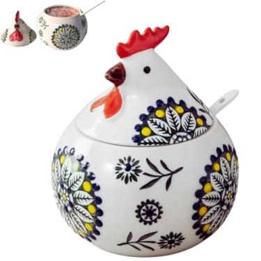 Imagem de Saleiro de cerâmica com tampa e colher | Recipiente grande de sal de galinha de 368 g | Recipientes de sal e pimenta para bancada | Suporte de sal para tigela de açúcar, pote de doces para decoração