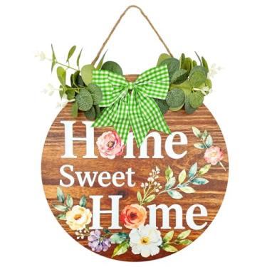 Imagem de Placa redonda de madeira de 33 cm para decoração de porta e parede, sinal de guirlandas de madeira para pendurar em ambientes internos e externos, decoração de boas-vindas com cerca de varanda (marrom