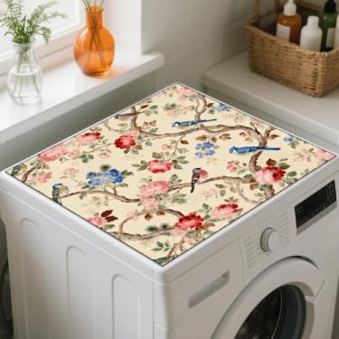 Imagem de GLOBLELAND Arte flores lavadora e secadora tapete de cobertura contra poeira 59,9 x 59,9 cm floral pássaros máquina de lavar protetor superior almofadas antiderrapantes para secadora de roupas capas