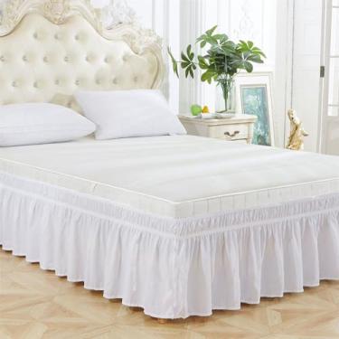 Imagem de OMIREL Saia de cama elástica plissada com babados para camas queen size decoração de quarto de qualidade de hotel de 30 cm com saias elásticas ajustáveis de microfibra, branca, 150 x 200 + 30 cm