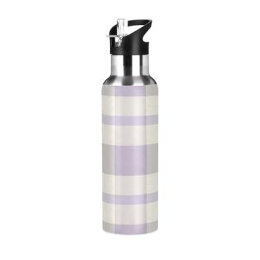 Imagem de Wassud Garrafa de água pastel lavanda xadrez design aço inoxidável garrafa de água esportiva com canudo garrafas de água isoladas copo portátil de viagem 947 ml
