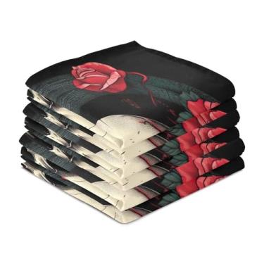 Imagem de Wassud Toalhas de cozinha caveira com rosas vermelhas panos de prato de cozinha pacote com 6 panos de prato macios com laço para pendurar toalha de mão super absorvente de secagem rápida toalhas de