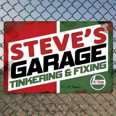 Imagem de Steves Garage Tinkering Fixing No1 Garage Arte de parede de alumínio rústico e placa de metal - 20,3 x 30,48 cm Decoração interna e externa vintage para casa, escritório, café, quintal e jardim