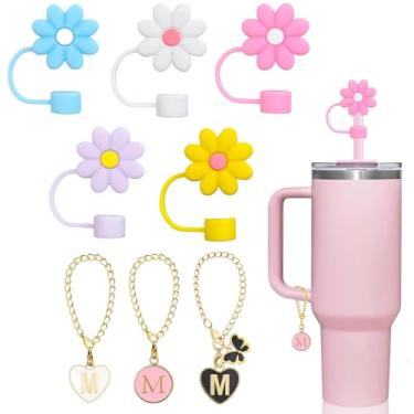 Imagem de (5+3) Capa de canudo de 5 peças de 10 mm para copo Stanley de flores reutilizáveis com 3 pingentes de letras iniciais acessórios nome ID pingente de alça personalizada para copo Stanley 30 e 1,134 g