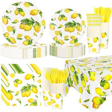 Imagem de 161 peças decorações de festa de limão conjunto de louça descartável de limão toalha de mesa descartável pratos de papel de limão copos guardanapos, faca, garfo, colher e canudos, utensílios de mesa para tema de frutas, suprimentos de festa de aniversário