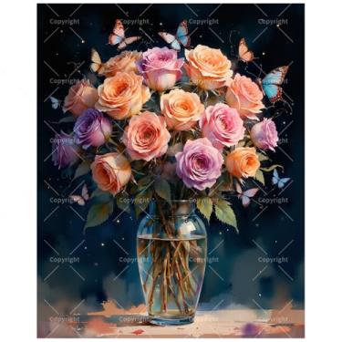 Imagem de Kit de pintura de fantasia floral colorida por números para adultos - DIY pintura colorida de rosas e borboletas em tela 40,6 x 50,8 cm, conjunto de tinta acrílica para iniciantes, arte para decoração
