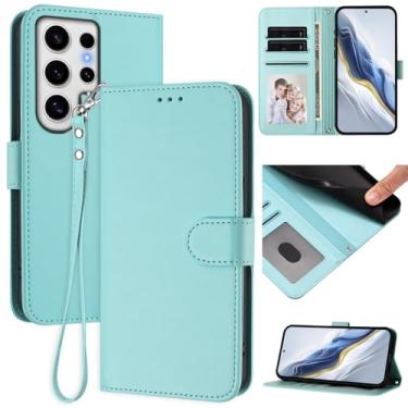 Imagem de Capa carteira para Samsung Galaxy S24 Ultra, capa fina de couro com compartimentos para cartões, alça de pulso e suporte, capa protetora à prova de choque para homens e mulheres (menta)