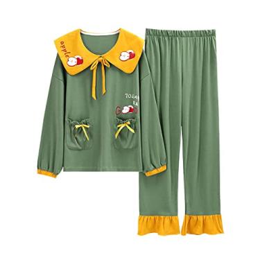Imagem de HHHJQFAAT Pijama de desenho animado feminino pijama estilo princesa plus size XXL conjunto de pijama gola de boneca (verde médio)
