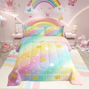 Imagem de Erosebridal Conjunto de edredom para meninas, arco-íris, tamanho casal, para crianças, meninos, meninas, estrelas douradas, inserção de edredom tie dye em aquarela, linda colcha de bolinhas para