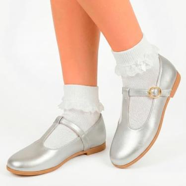 Imagem de Kit Sapatilha Feminina Vintage com Fivela e Meia Social Branca com Renda e Laço Cetim (Prata, BR, Adulto, Numérico, 36)