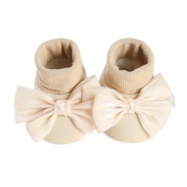 Imagem de Botas para bebês bebês meninos meninas arco grande primeiros andadores antiderrapante lã sapatos quentes meias recém-nascido berço sapatos pré-andadores, Caqui, 6-9 Meses