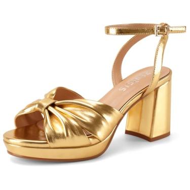 Imagem de Perisis Sandálias femininas plataforma bico aberto salto grosso laço nó tira tornozelo sandálias salto confortável sapatos sociais, Dourado, 37