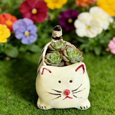 Imagem de Vaso de vaso para gatos com drenagem - Vasos de flores de cerâmica para gatos de posição propensa para plantas de interior, suculentas, cactos, vasos engraçados para decoração de casa, mesa de