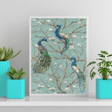 Imagem de Quadro Decorativo Pavões Vintage 33X24Cm - Com Vidro Branca