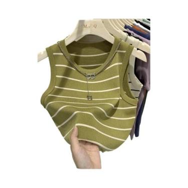 Imagem de Camisetas Sem Mangas Listradas Para Mulheres, T-Shirts Cropped Tricota