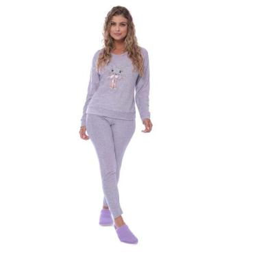 Imagem de Pijama Feminino Longo Adulto Plush Quente Inverno Victory, G, Lilás cl