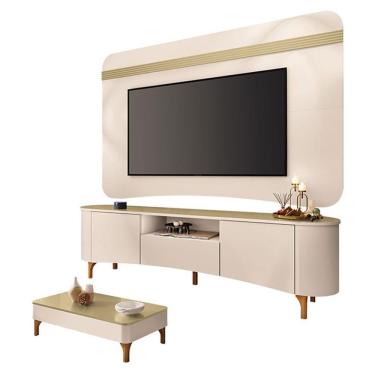 Imagem de Rack Bancada Elara E Painel Armony Com Mesa De Centro Liz Off White Champanhe - Hb Móveis
