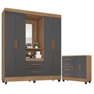 Imagem de Guarda Roupa Casal Capela Com Cômoda Lite 4 Gavetas 2 Portas Nature Cinza - Móveis Leão
