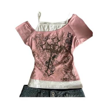 Imagem de Camiseta Feminina Rosa Harajuku Y2K De Manga Curta Com Estampa Casual 
