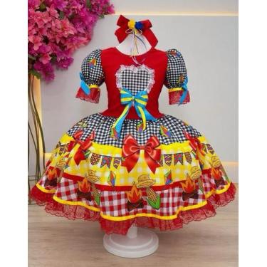Imagem de Vestido Xadrez Junino Infantil Vermelho Preto Coração Fogueira Laço Fe