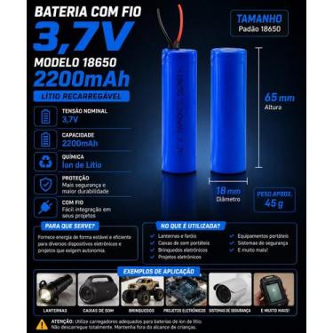 Imagem de Kit 2 Baterias 18650 Recarregáveis 3.7V 2200mAh Li-ion Com Fio Para Pr
