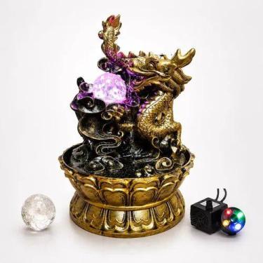 Imagem de Fonte de Água Dragão Chinês Resina Dourada Ouro Velho LED Bolinha Gira
