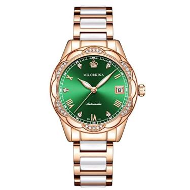 Imagem de Relógio feminino de cerâmica, relógio mecânico de data automático moderno, mostrador de esqueleto de diamante, aço inoxidável, pulseira mista, relógio de pulso feminino, verde