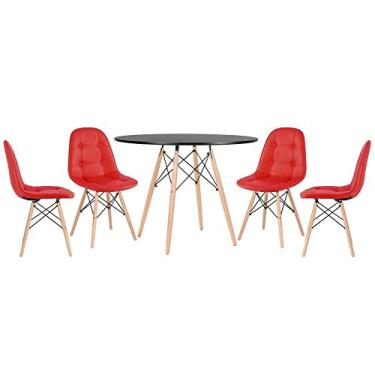 Imagem de Loft7, Mesa redonda Eames 100 cm preto + 4 cadeiras estofadas Eiffel Botonê Vermelho