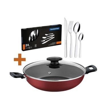 Imagem de KIT - Panela Wok Alumínio 28Cm Loreto Vermelho + 1 Faqueiro Inox 24pç - Tramontina