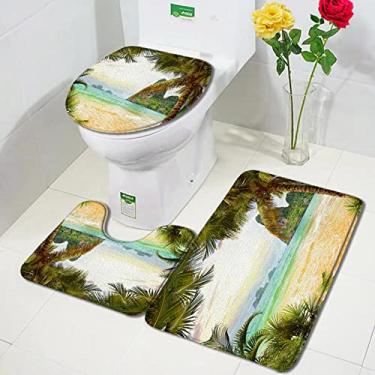 Imagem de Conjuntos de tapetes de banho de praia de folhas de palmeira oceano mar onda paisagem natureza tapetes porta tapetes decoração do banheiro tapete de tampa de vaso sanitário antiderrapante, 1339zy, conjunto de 3 peças, 75x45cm, 29.5x17.7in