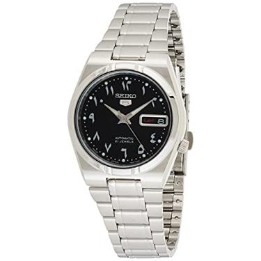 Imagem de Seiko 5 relógios masculinos automáticos de aço inoxidável com mostrador preto SNK063J5