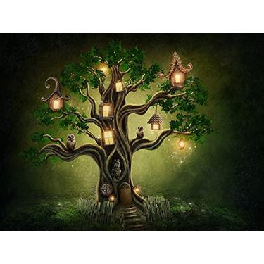 Imagem de DZJYQ 6,5 x 5 pés (2 x 1,5 m) Conto de Fadas Místico Desenhos Animados Noite dos Sonhos Árvore Velha Coruja Bonito Cenário Natural Crianças Bebê Recém-Nascido Decoração de Festa de Aniversário Pano de