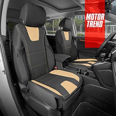 Imagem de Motor Trend DuraLuxe Capas de assento de couro bege sintético para carro caminhão Van & SUV, conjunto de 2 peças – capas de almofada de assento frontal premium com design de ajuste universal, acolchoadas para conforto com bolsos frontais de armazenamento