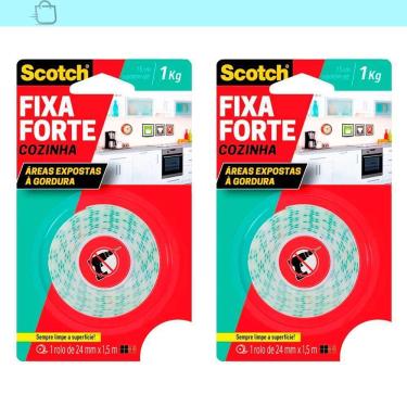 Imagem de Kit2 Fita Dupla Face Scotch Fixa Forte Cozinha 24X1,5 3m 1kg