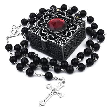 Imagem de Conjunto de terço católico FLAFARY, unissex, para primeira comunhão, embalado em caixa de presente de metal de cálice sagrado, colar de terço como presente para mãe, avó, familiares (preto)