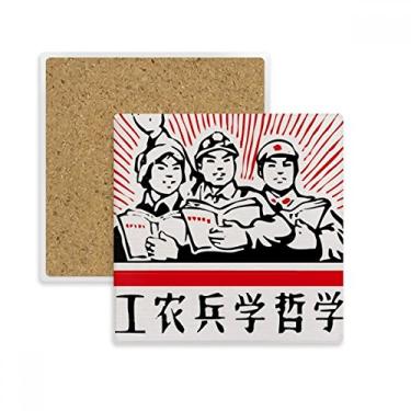 Imagem de Porta-copos quadrado quadrado de soldado camponês operário vermelho China suporte subplaca suporte isolante pedra